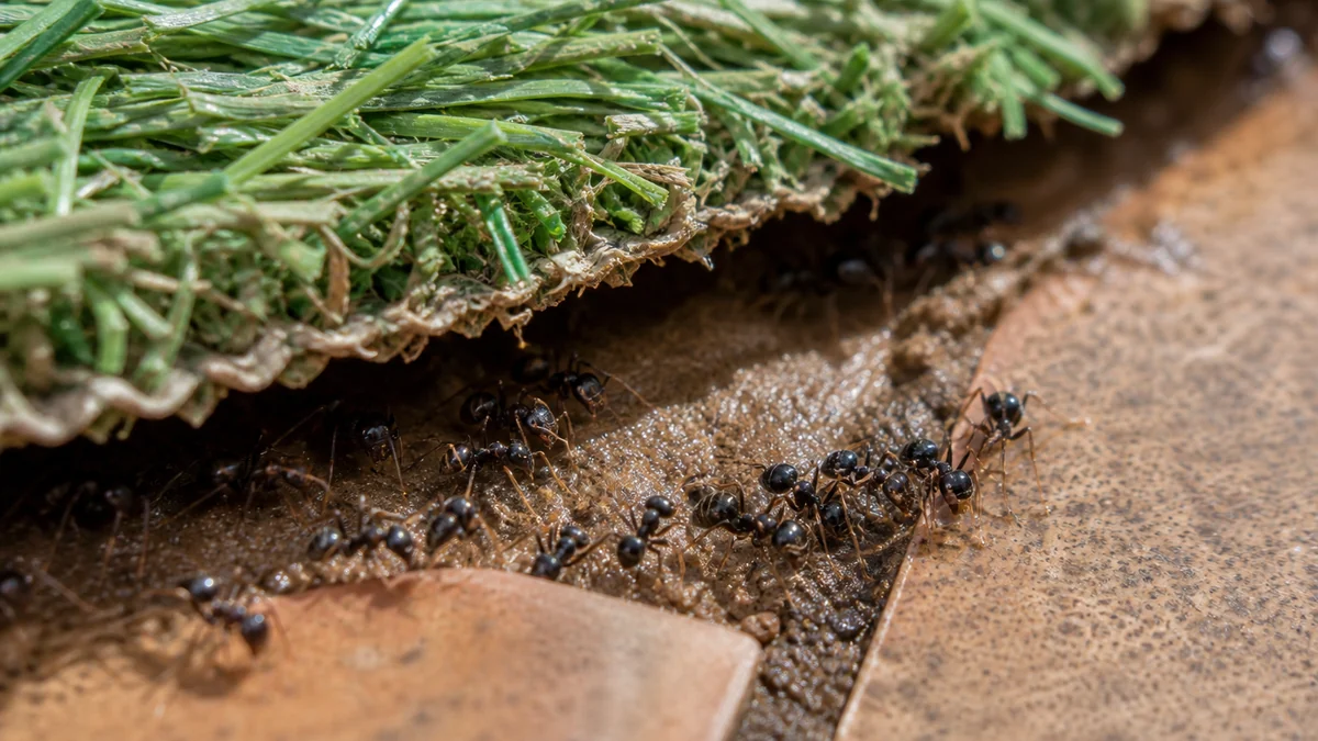 Borde de césped artificial en una terraza con hormigas entre la arena húmeda y una junta del pavimento