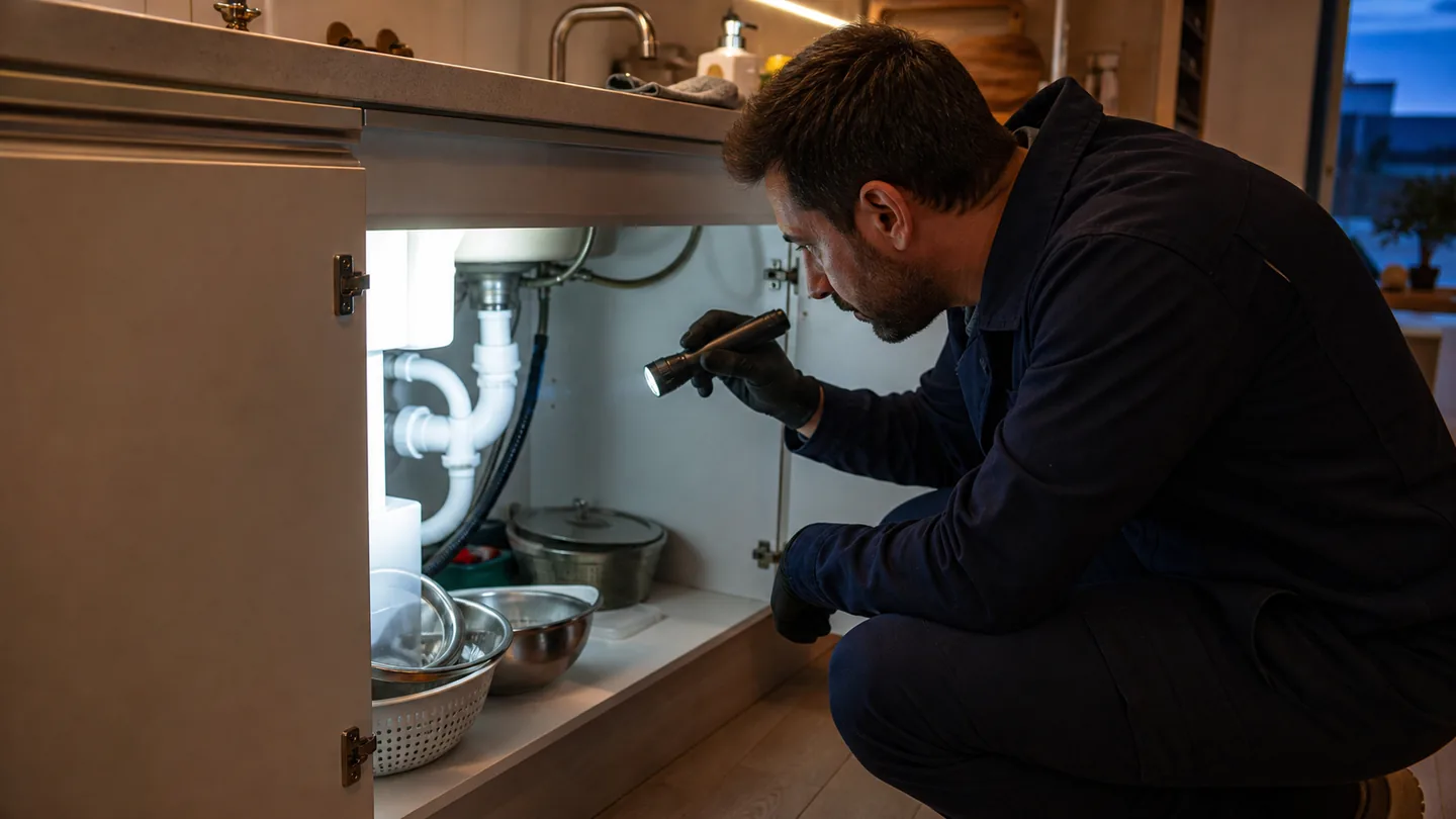 Técnico inspeccionando las tuberías bajo el fregadero de una cocina en Viladecans