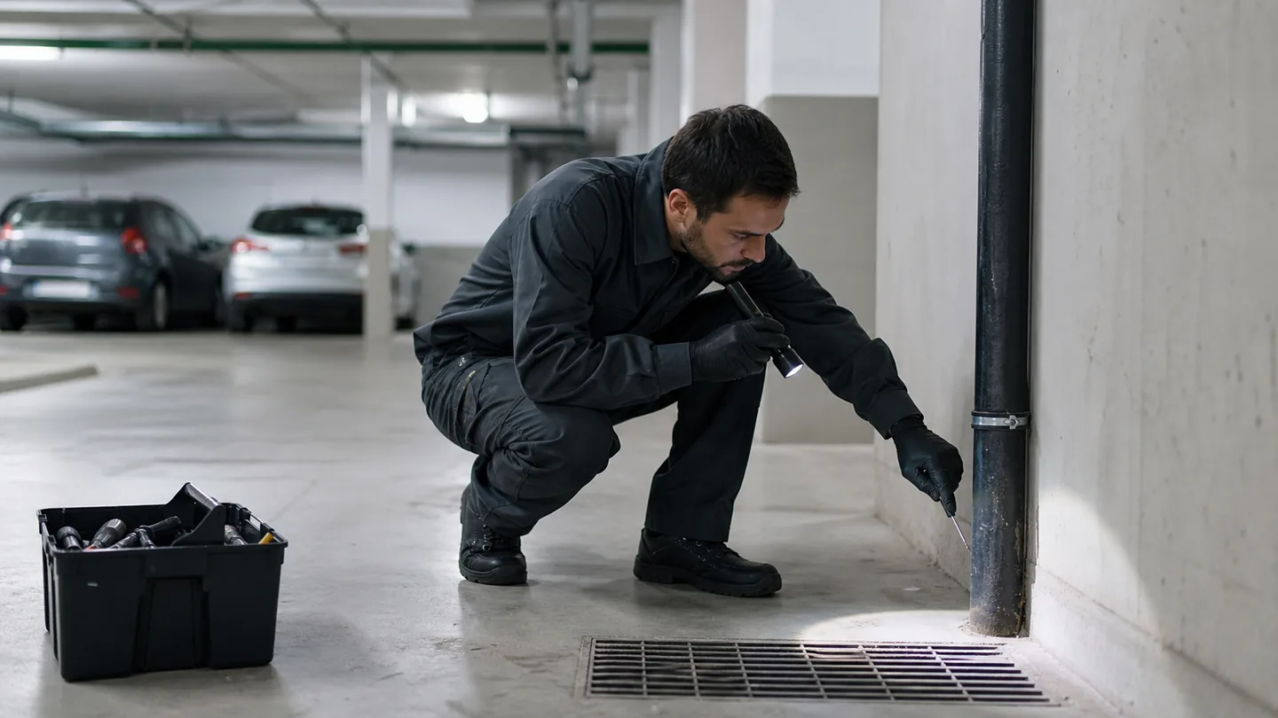 Técnico inspeccionando un sumidero de un garaje comunitario en Viladecans